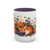 Halloween Fox Mug, Moonlit Pumpkins, Cute Animal Lover Gift, Watercolor Ceramic Coffee Cup, 11oz 15oz — 15oz / Purple — front