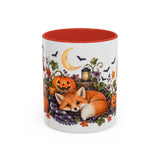 Halloween Fox Mug, Moonlit Pumpkins, Cute Animal Lover Gift, Watercolor Ceramic Coffee Cup, 11oz 15oz — 11oz / Red — front