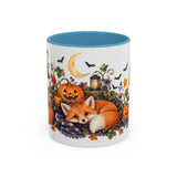Halloween Fox Mug, Moonlit Pumpkins, Cute Animal Lover Gift, Watercolor Ceramic Coffee Cup, 11oz 15oz — 11oz / Light Blue — front