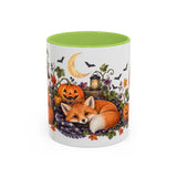 Halloween Fox Mug, Moonlit Pumpkins, Cute Animal Lover Gift, Watercolor Ceramic Coffee Cup, 11oz 15oz — 11oz / Light Green — front