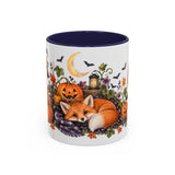 Halloween Fox Mug, Moonlit Pumpkins, Cute Animal Lover Gift, Watercolor Ceramic Coffee Cup, 11oz 15oz — 11oz / Navy — front