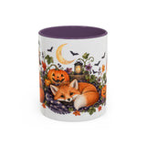 Halloween Fox Mug, Moonlit Pumpkins, Cute Animal Lover Gift, Watercolor Ceramic Coffee Cup, 11oz 15oz — 11oz / Purple — front