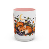 Halloween Fox Mug, Moonlit Pumpkins, Cute Animal Lover Gift, Watercolor Ceramic Coffee Cup, 11oz 15oz — 15oz / Pink — front