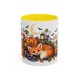 Halloween Fox Mug, Moonlit Pumpkins, Cute Animal Lover Gift, Watercolor Ceramic Coffee Cup, 11oz 15oz — 11oz / Yellow — front