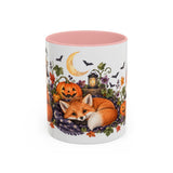 Halloween Fox Mug, Moonlit Pumpkins, Cute Animal Lover Gift, Watercolor Ceramic Coffee Cup, 11oz 15oz — 11oz / Pink — front