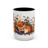 Halloween Fox Mug, Moonlit Pumpkins, Cute Animal Lover Gift, Watercolor Ceramic Coffee Cup, 11oz 15oz — 15oz / Black — front