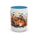 Halloween Fox Mug, Moonlit Pumpkins, Cute Animal Lover Gift, Watercolor Ceramic Coffee Cup, 11oz 15oz — 15oz / Light Blue — front