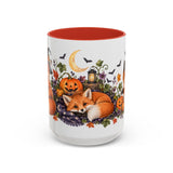 Halloween Fox Mug, Moonlit Pumpkins, Cute Animal Lover Gift, Watercolor Ceramic Coffee Cup, 11oz 15oz — 15oz / Red — front
