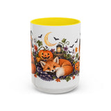 Halloween Fox Mug, Moonlit Pumpkins, Cute Animal Lover Gift, Watercolor Ceramic Coffee Cup, 11oz 15oz — 15oz / Yellow — front
