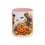 Halloween Golden Retriever Mug, Harvest Haunt, Cute Animal Lover Gift, Watercolor Ceramic Coffee Cup, 11oz 15oz — 11oz / Pink — front