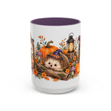 Halloween Hedgehog Mug, Toadstool Spells, Cute Animal Lover Gift, Watercolor Ceramic Coffee Cup, 11oz 15oz — 15oz / Purple — front