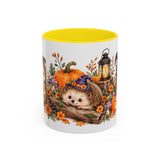 Halloween Hedgehog Mug, Toadstool Spells, Cute Animal Lover Gift, Watercolor Ceramic Coffee Cup, 11oz 15oz — 11oz / Yellow — front