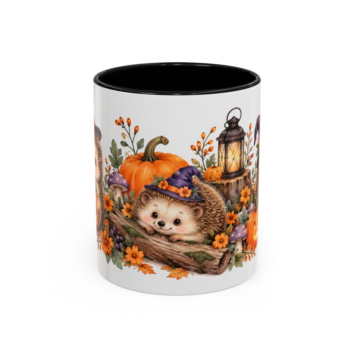 Halloween Hedgehog Mug, Toadstool Spells, Cute Animal Lover Gift, Watercolor Ceramic Coffee Cup, 11oz 15oz — 11oz / Black — front