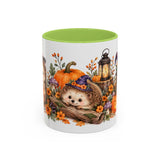 Halloween Hedgehog Mug, Toadstool Spells, Cute Animal Lover Gift, Watercolor Ceramic Coffee Cup, 11oz 15oz — 11oz / Light Green — front