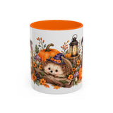 Halloween Hedgehog Mug, Toadstool Spells, Cute Animal Lover Gift, Watercolor Ceramic Coffee Cup, 11oz 15oz — 11oz / Orange — front