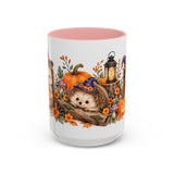 Halloween Hedgehog Mug, Toadstool Spells, Cute Animal Lover Gift, Watercolor Ceramic Coffee Cup, 11oz 15oz — 15oz / Pink — front