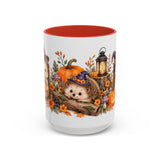 Halloween Hedgehog Mug, Toadstool Spells, Cute Animal Lover Gift, Watercolor Ceramic Coffee Cup, 11oz 15oz — 15oz / Red — front
