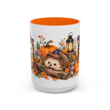 Halloween Hedgehog Mug, Toadstool Spells, Cute Animal Lover Gift, Watercolor Ceramic Coffee Cup, 11oz 15oz — 15oz / Orange — front