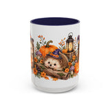 Halloween Hedgehog Mug, Toadstool Spells, Cute Animal Lover Gift, Watercolor Ceramic Coffee Cup, 11oz 15oz — 15oz / Navy — front
