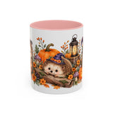 Halloween Hedgehog Mug, Toadstool Spells, Cute Animal Lover Gift, Watercolor Ceramic Coffee Cup, 11oz 15oz — 11oz / Pink — front