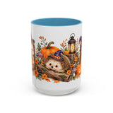 Halloween Hedgehog Mug, Toadstool Spells, Cute Animal Lover Gift, Watercolor Ceramic Coffee Cup, 11oz 15oz — 15oz / Light Blue — front