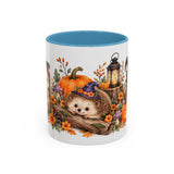 Halloween Hedgehog Mug, Toadstool Spells, Cute Animal Lover Gift, Watercolor Ceramic Coffee Cup, 11oz 15oz — 11oz / Light Blue — front