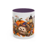 Halloween Hedgehog Mug, Toadstool Spells, Cute Animal Lover Gift, Watercolor Ceramic Coffee Cup, 11oz 15oz — 11oz / Purple — front