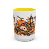 Halloween Hedgehog Mug, Toadstool Spells, Cute Animal Lover Gift, Watercolor Ceramic Coffee Cup, 11oz 15oz — 15oz / Yellow — front