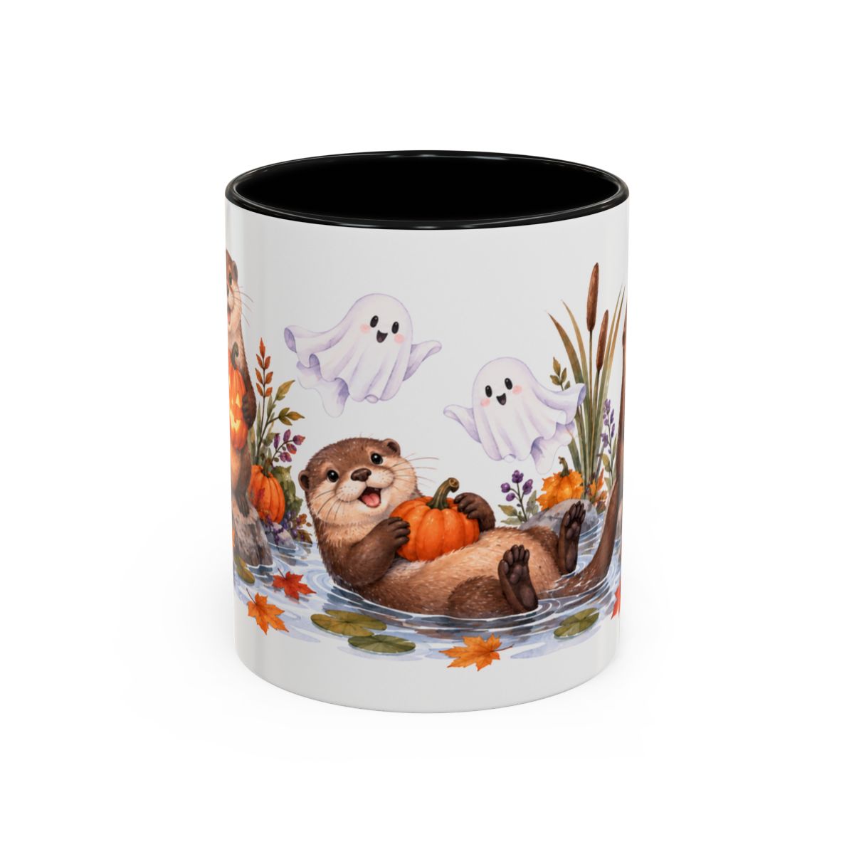 Halloween Otter Mug, Spooky River, Cute Animal Lover Gift, Watercolor Ceramic Coffee Cup, 11oz 15oz — 11oz / Black — front