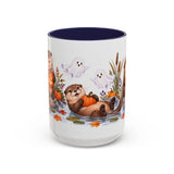 Halloween Otter Mug, Spooky River, Cute Animal Lover Gift, Watercolor Ceramic Coffee Cup, 11oz 15oz — 15oz / Navy — front