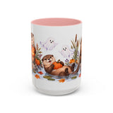 Halloween Otter Mug, Spooky River, Cute Animal Lover Gift, Watercolor Ceramic Coffee Cup, 11oz 15oz — 15oz / Pink — front