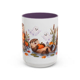 Halloween Otter Mug, Spooky River, Cute Animal Lover Gift, Watercolor Ceramic Coffee Cup, 11oz 15oz — 15oz / Purple — front