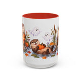 Halloween Otter Mug, Spooky River, Cute Animal Lover Gift, Watercolor Ceramic Coffee Cup, 11oz 15oz — 15oz / Red — front