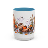 Halloween Otter Mug, Spooky River, Cute Animal Lover Gift, Watercolor Ceramic Coffee Cup, 11oz 15oz — 15oz / Light Blue — front