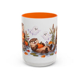 Halloween Otter Mug, Spooky River, Cute Animal Lover Gift, Watercolor Ceramic Coffee Cup, 11oz 15oz — 15oz / Orange — front