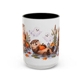 Halloween Otter Mug, Spooky River, Cute Animal Lover Gift, Watercolor Ceramic Coffee Cup, 11oz 15oz — 15oz / Black — front