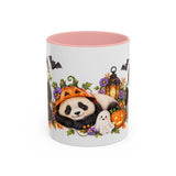 Halloween Panda Mug, Ghost Lanterns, Cute Animal Lover Gift, Watercolor Ceramic Coffee Cup, 11oz 15oz — 11oz / Pink — front