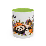 Halloween Panda Mug, Ghost Lanterns, Cute Animal Lover Gift, Watercolor Ceramic Coffee Cup, 11oz 15oz — 11oz / Light Green — front