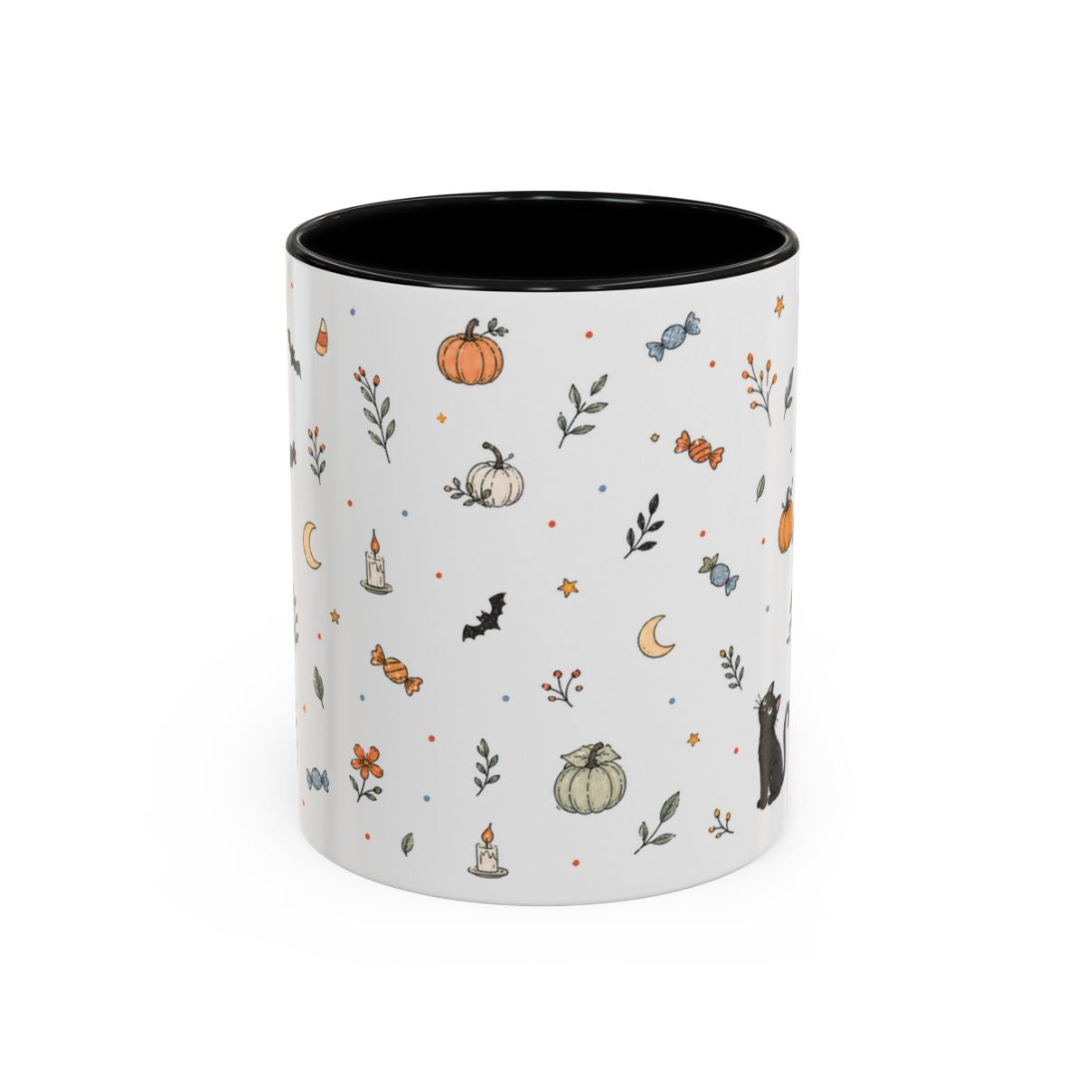 Halloween Party Mug — Ghost Black Cat Candy Watercolor Gift — Accent Cup 11oz 15oz — Front view — Photo 1
