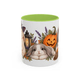 Halloween Rabbit Mug, Witch Garden, Cute Animal Lover Gift, Watercolor Ceramic Coffee Cup, 11oz 15oz — 11oz / Light Green — front
