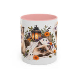 Halloween Ragdoll Cat Mug, Little Ghost Party, Cute Animal Lover Gift, Watercolor Ceramic Coffee Cup, 11oz 15oz — 11oz / Pink — front