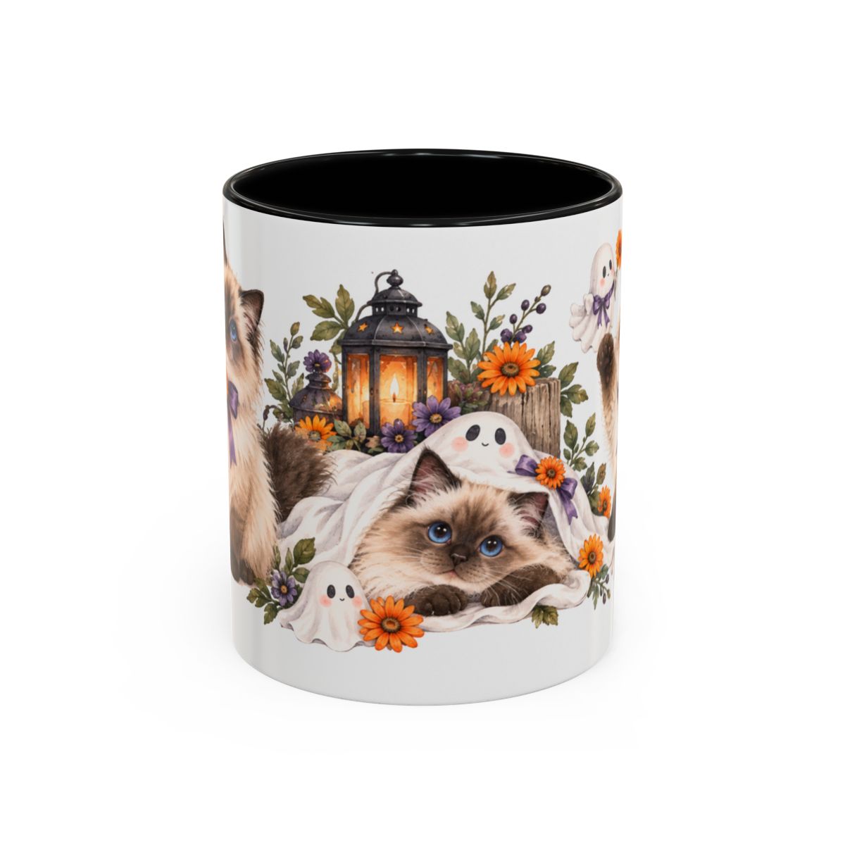 Halloween Ragdoll Cat Mug, Little Ghost Party, Cute Animal Lover Gift, Watercolor Ceramic Coffee Cup, 11oz 15oz — 11oz / Black — front