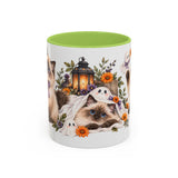 Halloween Ragdoll Cat Mug, Little Ghost Party, Cute Animal Lover Gift, Watercolor Ceramic Coffee Cup, 11oz 15oz — 11oz / Light Green — front