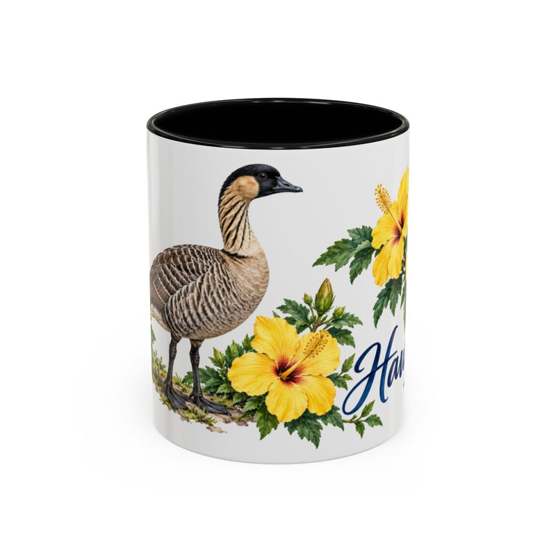 Hawaii State Bird and Flower Mug, Watercolor Botanical Coffee Cup, Nature Lover Gift, 11oz 15oz Accent Mug — 11oz / Black — front
