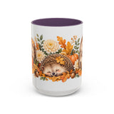 Hedgehog Mug, Autumn Acorns, Cute Watercolor Animal Coffee Cup, Hedgehog Lover Gift, 11oz 15oz Ceramic Accent Mug — 15oz / Purple — front
