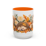 Hedgehog Mug, Autumn Acorns, Cute Watercolor Animal Coffee Cup, Hedgehog Lover Gift, 11oz 15oz Ceramic Accent Mug — 15oz / Orange — front