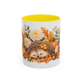 Hedgehog Mug, Autumn Acorns, Cute Watercolor Animal Coffee Cup, Hedgehog Lover Gift, 11oz 15oz Ceramic Accent Mug — 11oz / Yellow — front