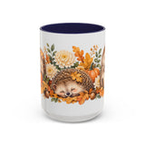 Hedgehog Mug, Autumn Acorns, Cute Watercolor Animal Coffee Cup, Hedgehog Lover Gift, 11oz 15oz Ceramic Accent Mug — 15oz / Navy — front