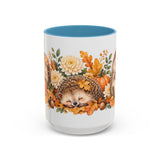 Hedgehog Mug, Autumn Acorns, Cute Watercolor Animal Coffee Cup, Hedgehog Lover Gift, 11oz 15oz Ceramic Accent Mug — 15oz / Light Blue — front