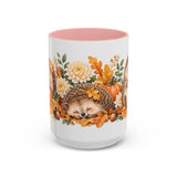 Hedgehog Mug, Autumn Acorns, Cute Watercolor Animal Coffee Cup, Hedgehog Lover Gift, 11oz 15oz Ceramic Accent Mug — 15oz / Pink — front